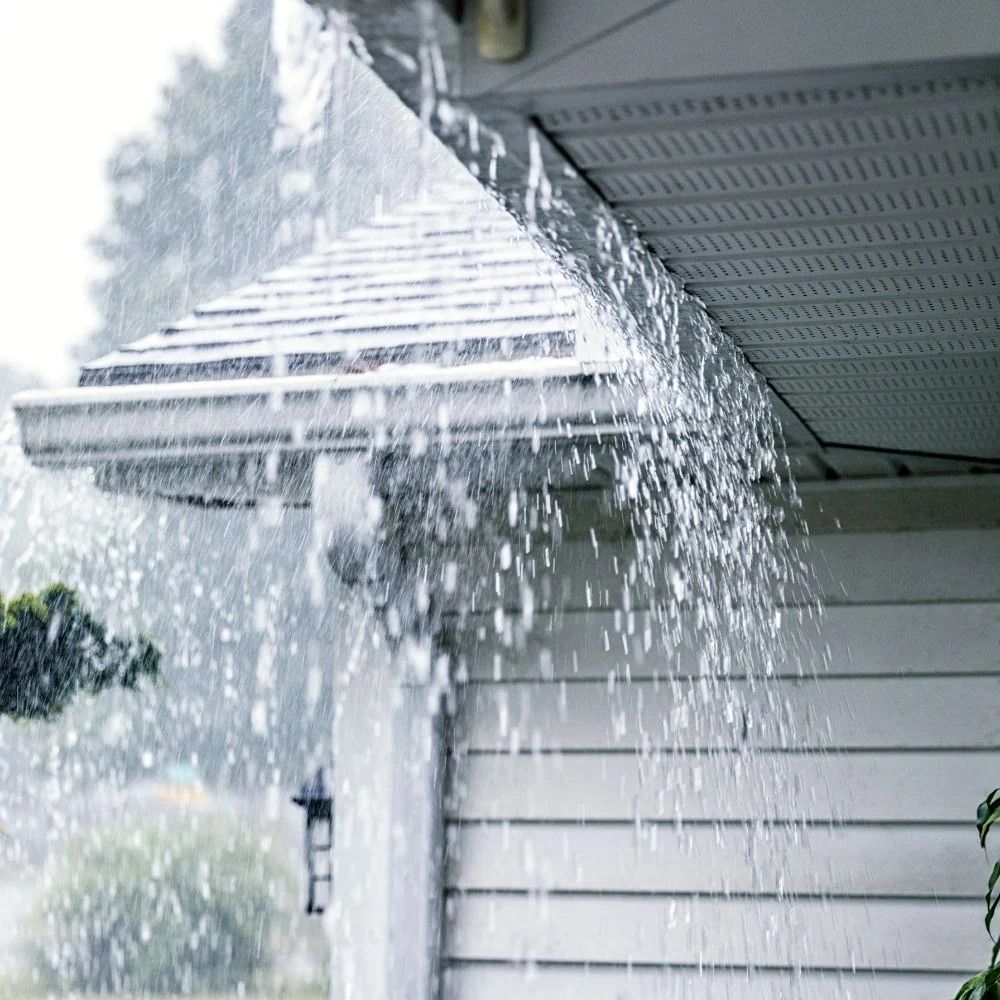 Rain gutter overflowing during a heavy rainstorm because of a clogged downspout